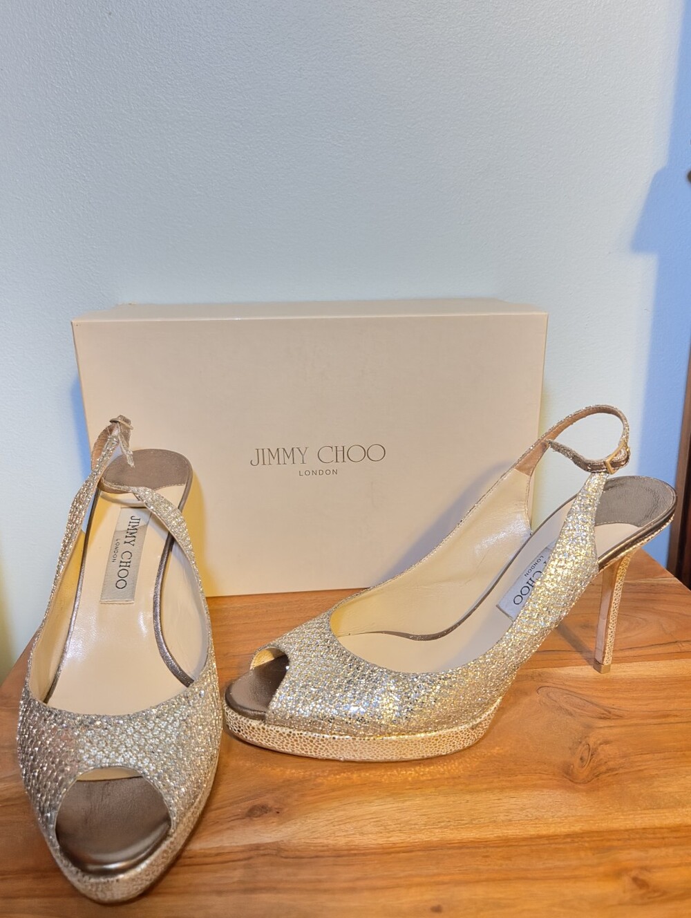 Jimmy Choo Nova Size 41.5 Gold Glitter Peep Toe Slingback Pumps